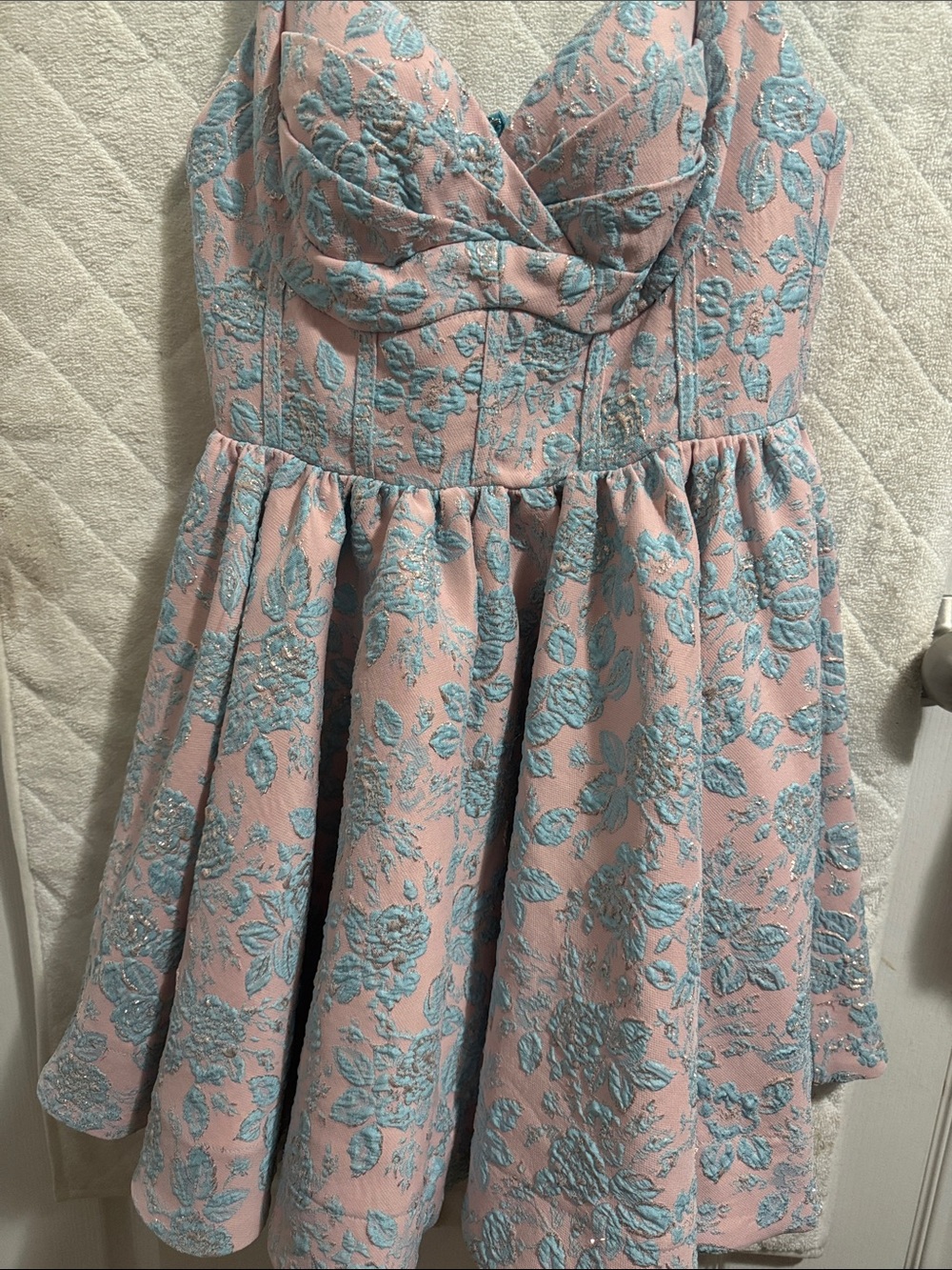 Pink and Blue Floral Brocade Fit & Flare Dress
